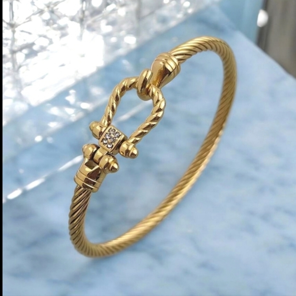 Gold Plated Stainless Steel Twisted Cable Crystal Horsebit Bangle Bracelet